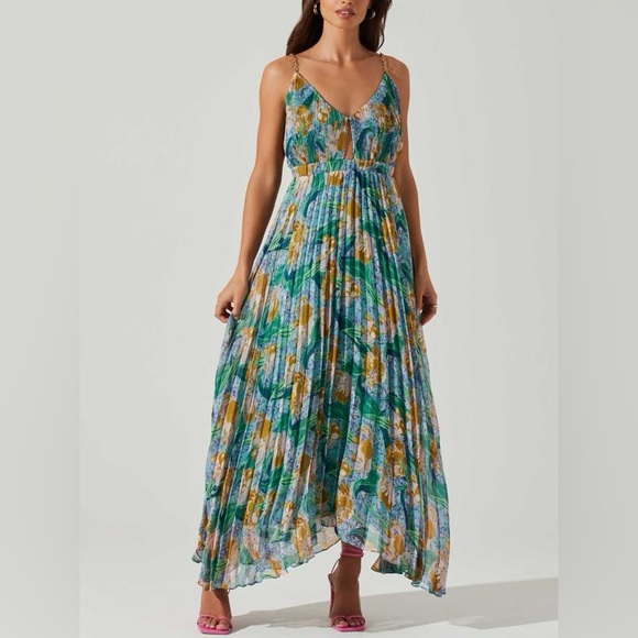 Astr Dresses & Skirts - ASTR Loralee Pleated Floral Maxi Dress Green Blue Gold